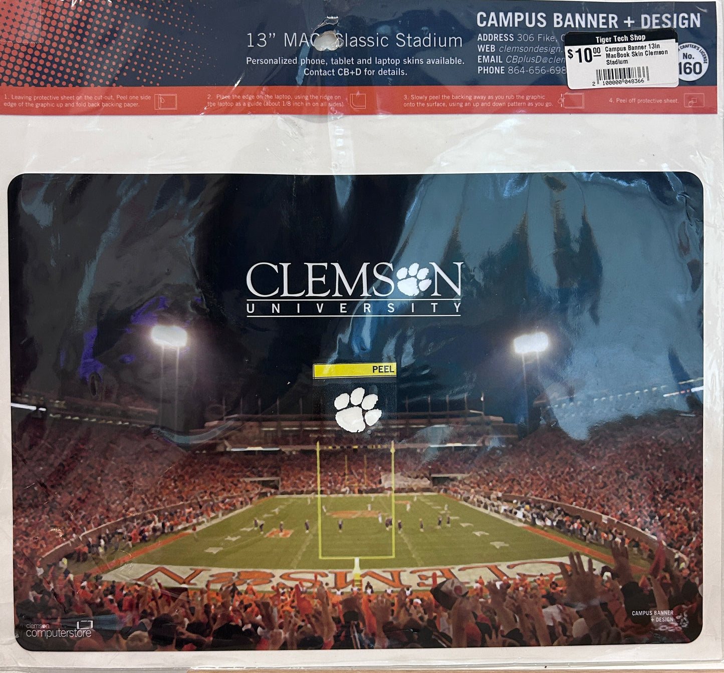 Avinyl decal sticker for a 13" MacBook Air showing the Death Valley Stadium at night with the Clemson University logo at the top