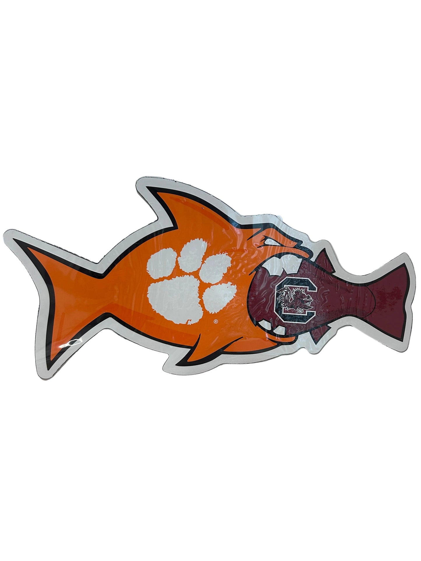 A magnet showing a big orage fish with a tiger paw on it eating a small garnet fish with a Gamecocks loog on it