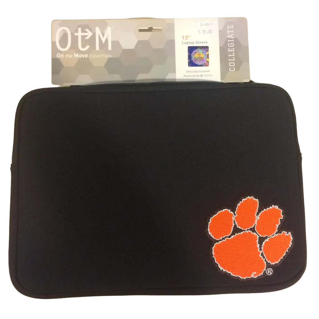 A black laptop sleeve with a Clemson Paw logo on it