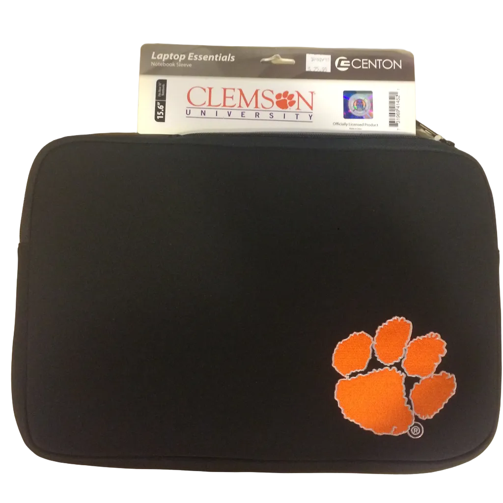 A black laptop sleeve with Clemson Paw logo on it