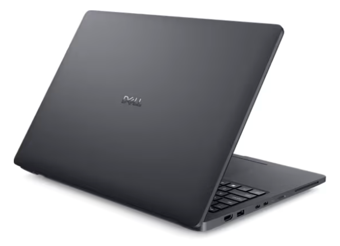 Black laptop with a visible brand Dell logo on a white background