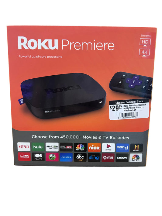 Roku Premiere streaming device retail box, showing the black streaming box and remote on a red-orange front panel with app logos along the bottom.