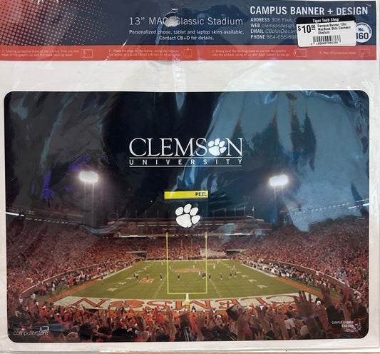 Avinyl decal sticker for a 13" MacBook Air showing the Death Valley Stadium at night with the Clemson University logo at the top