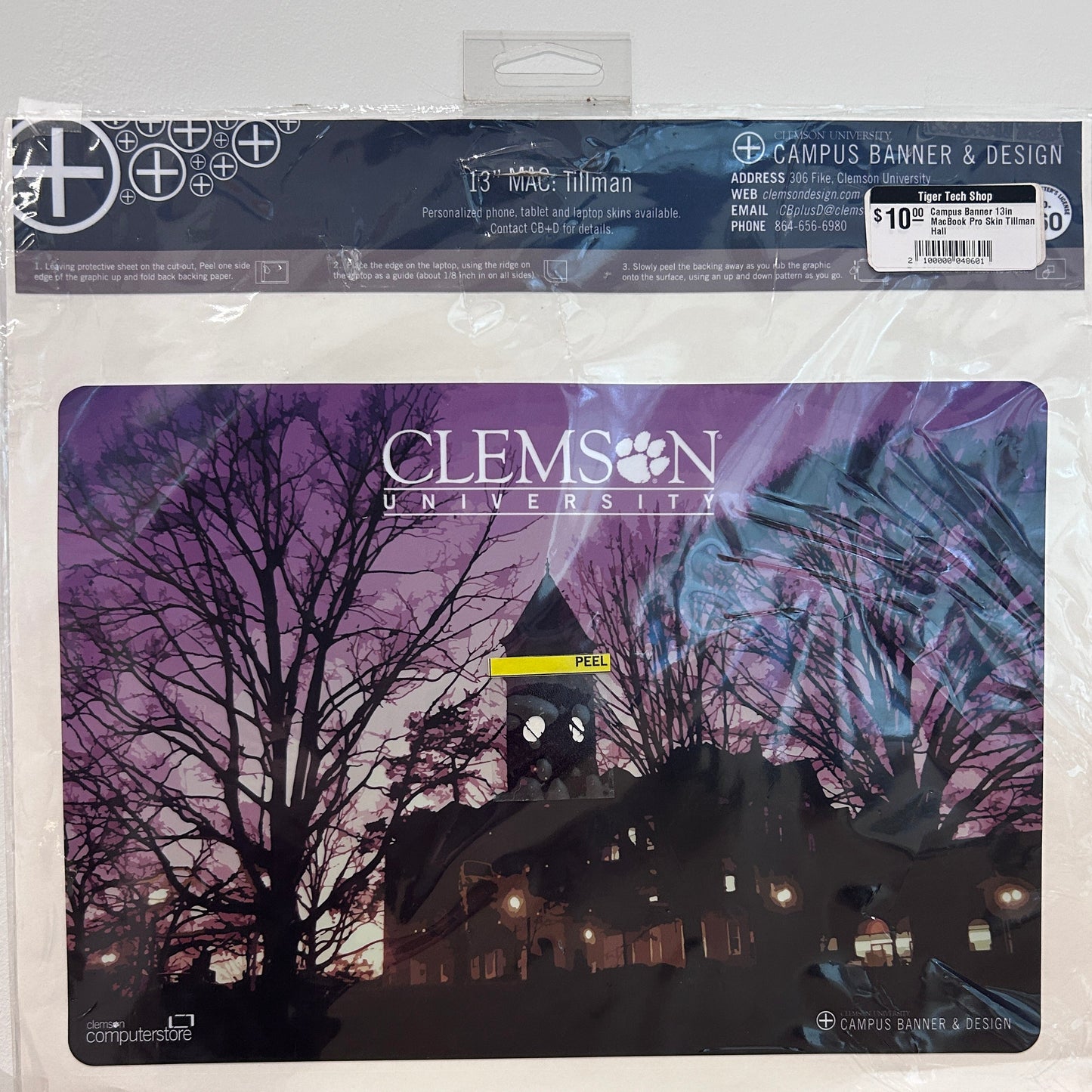 Tillman Hall with a purple sunet behind the building on a vinyl decal sticker for a 13" MacBook Air