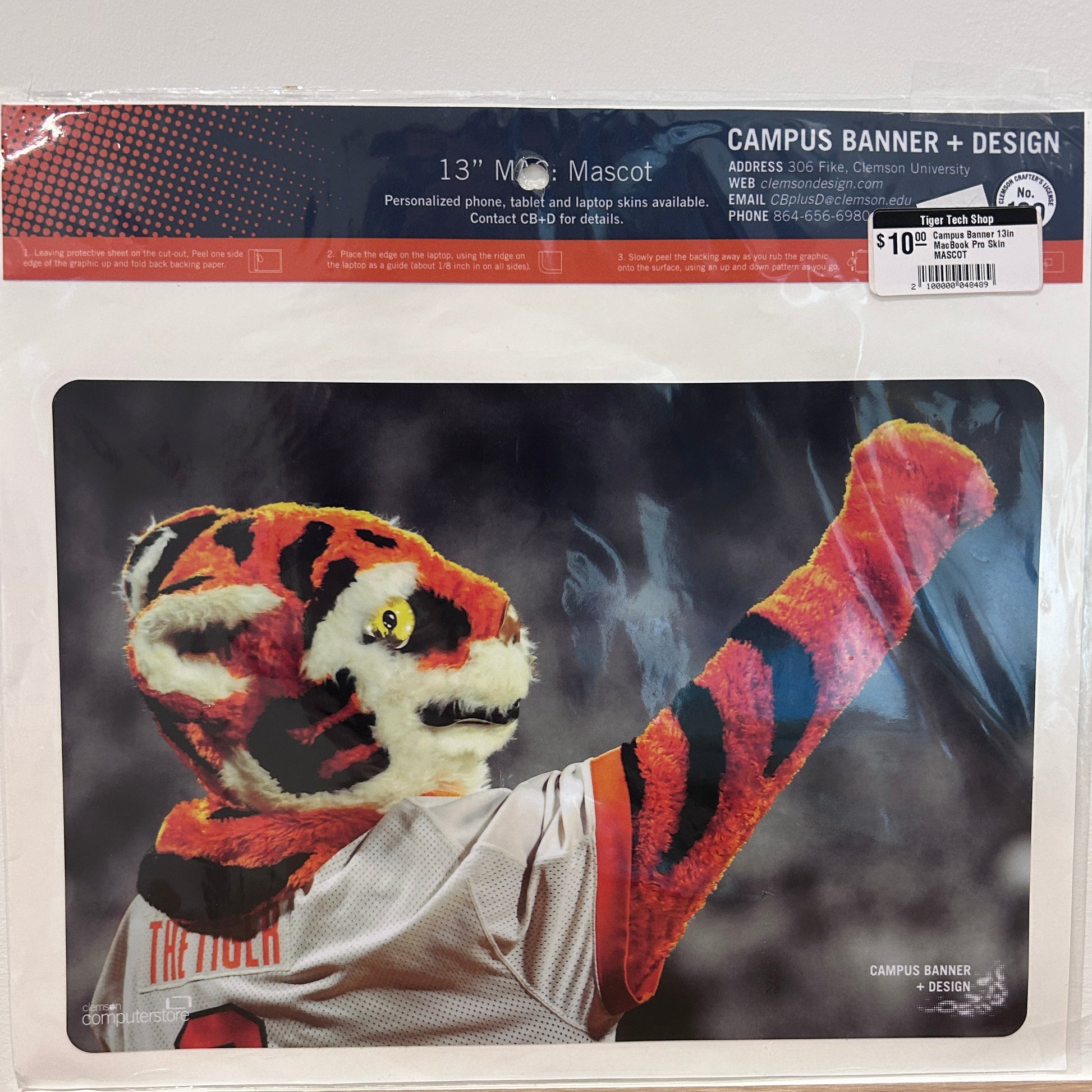 Clemson tiger mascot raising his fist in celebration on a vinyl decal sticker for a 13" MacBook Air