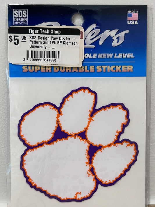 A packaged paw-shaped sticker on a clear plastic sleeve. The sticker itself is a white tiger paw with an orange border and a purple outline.