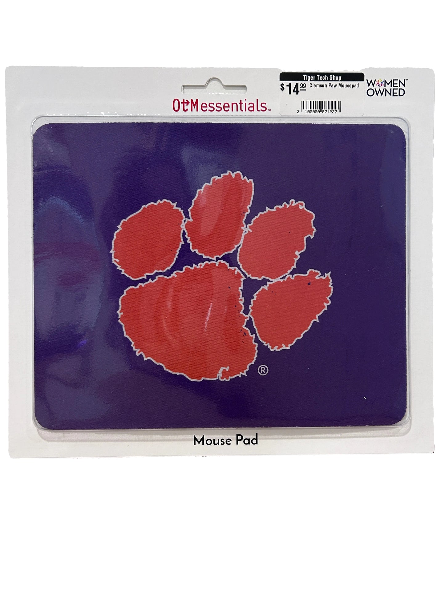 Purple mouse pad with a orange tiger paw in the middle outlined in white