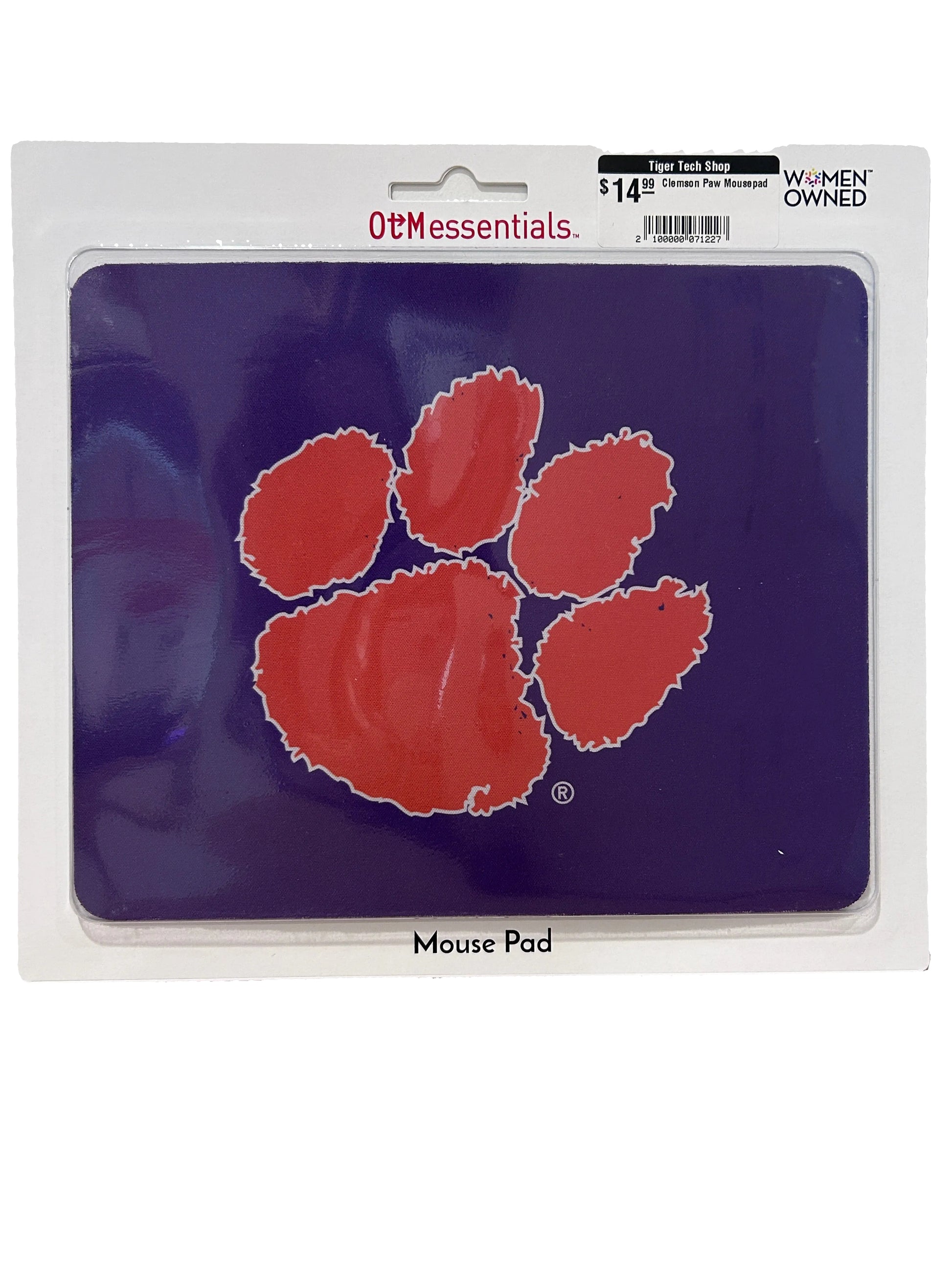 Purple mouse pad with a orange tiger paw in the middle outlined in white