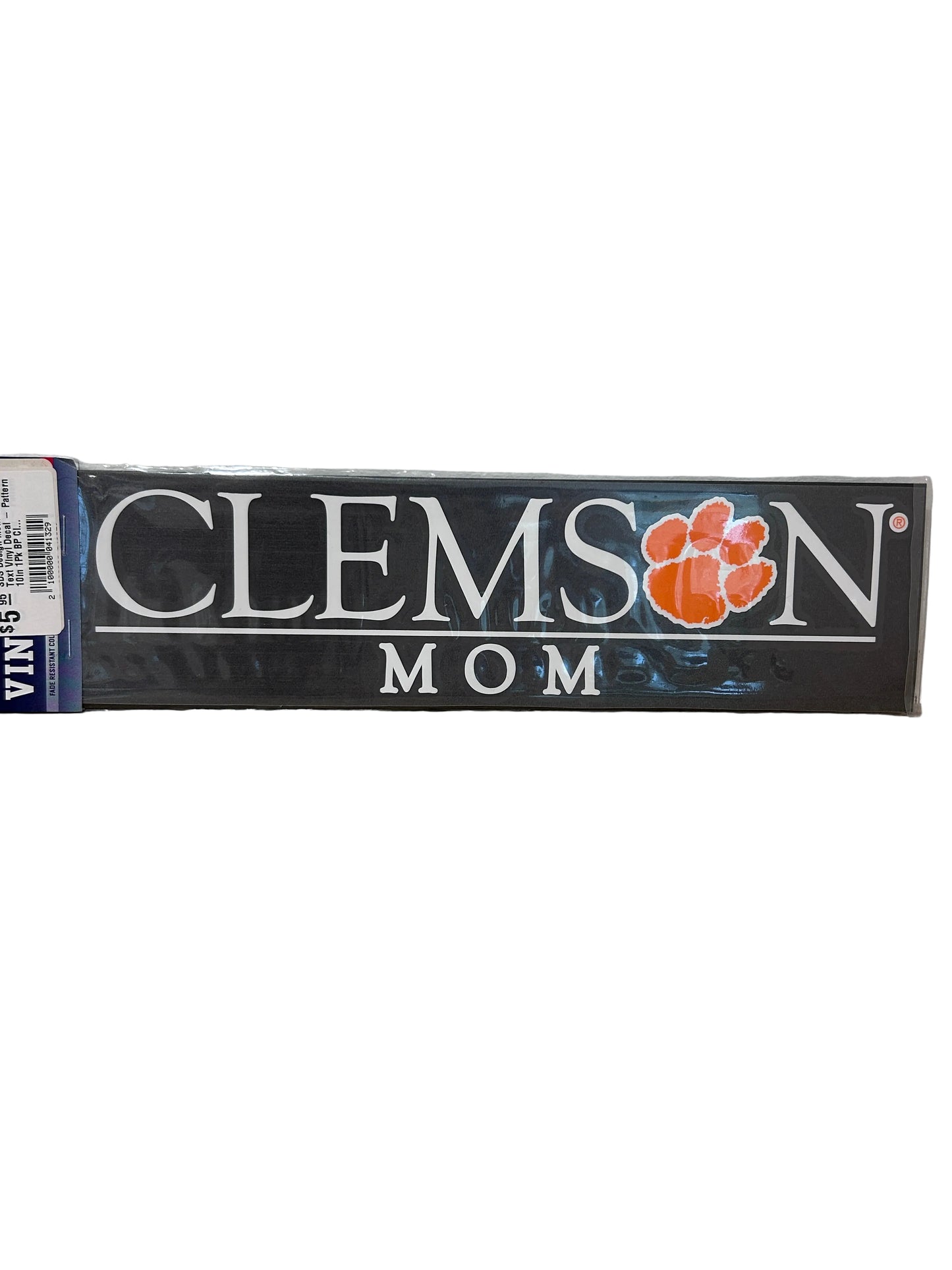 Vinyl Sticker with Clemson written on it with a tiger paw as the O. Mom is written underneath.