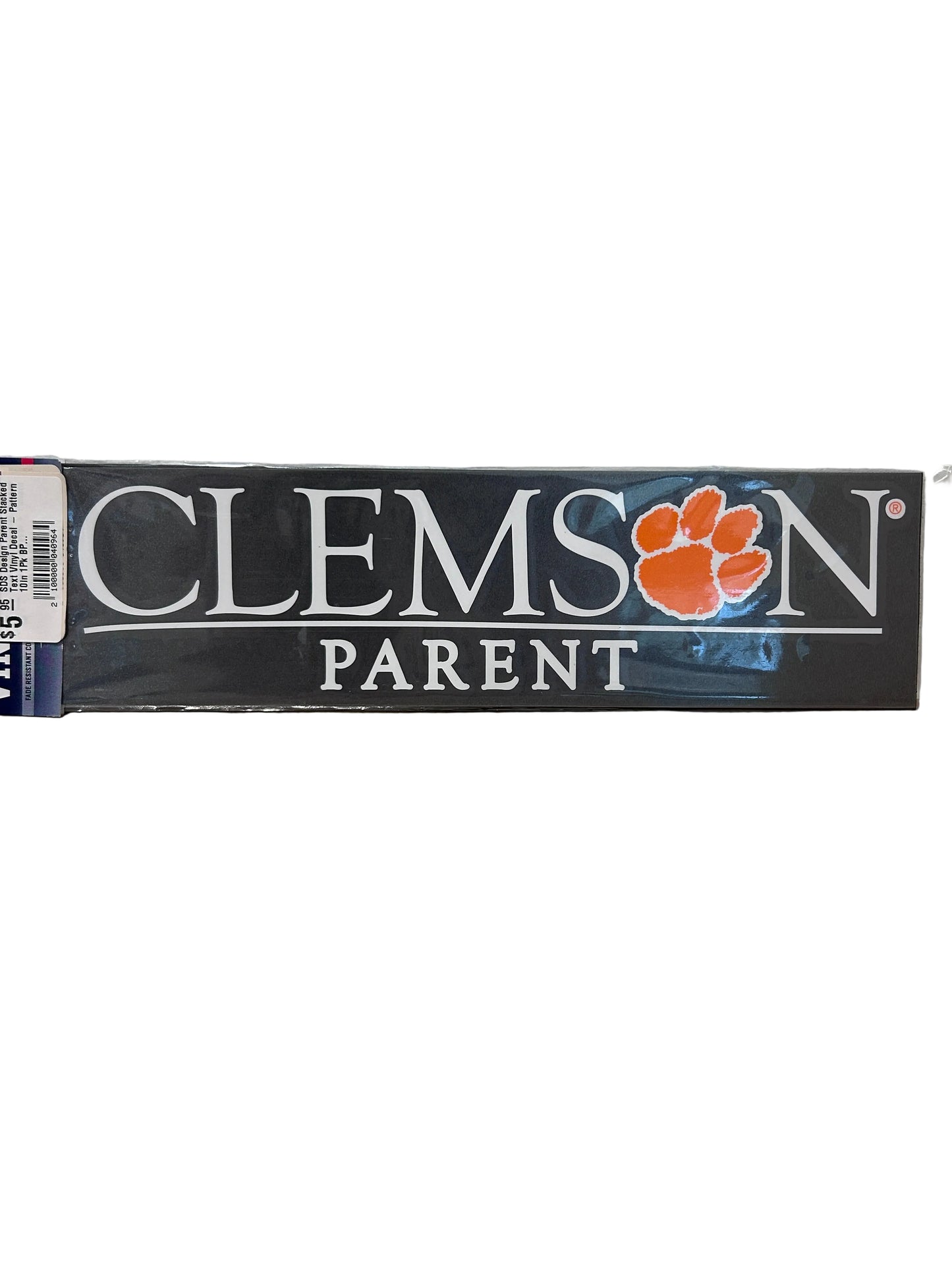 A vinyl decal with the words 'CLEMSON PARENT' in white, plus an orange paw print logo as the O with 'PARENT' written below