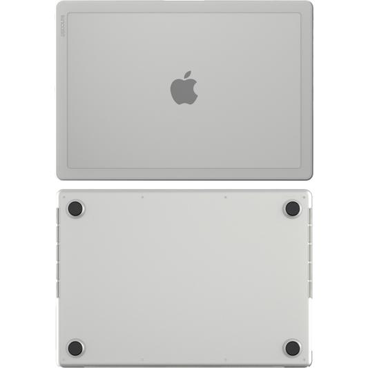 Two views of a clear laptop case with Apple logo on a white background