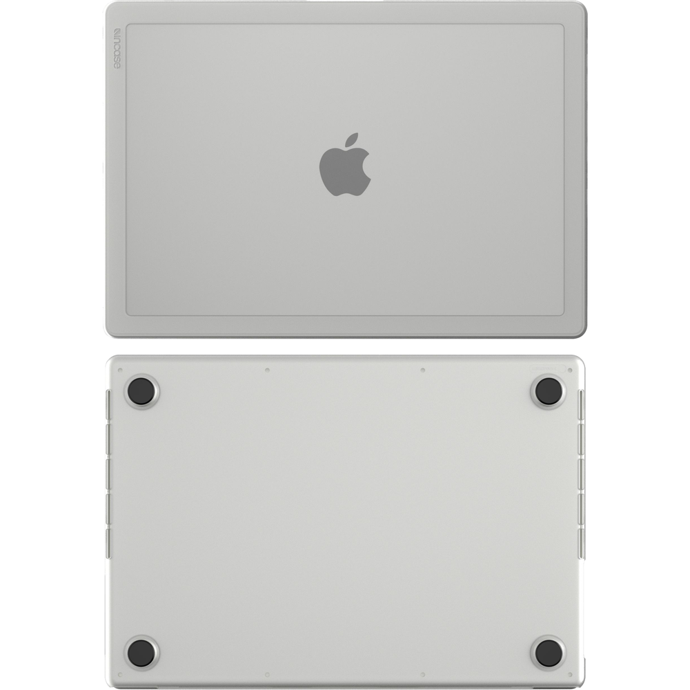 Two views of a clear laptop case with Apple logo on a white background