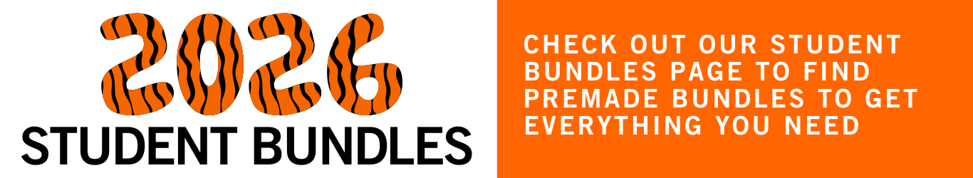 Promotional text for 2026 Student Bundles with tiger stripe design on an orange background. Check out our student bundles page to find premade bundles to get everything you need.